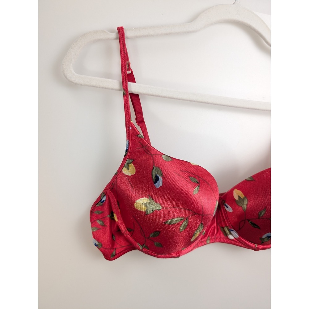 Vintage Y2K Victorias Secret Floral Satin Push Up Bra Size 36B Red Underwire - Picture 2 of 9